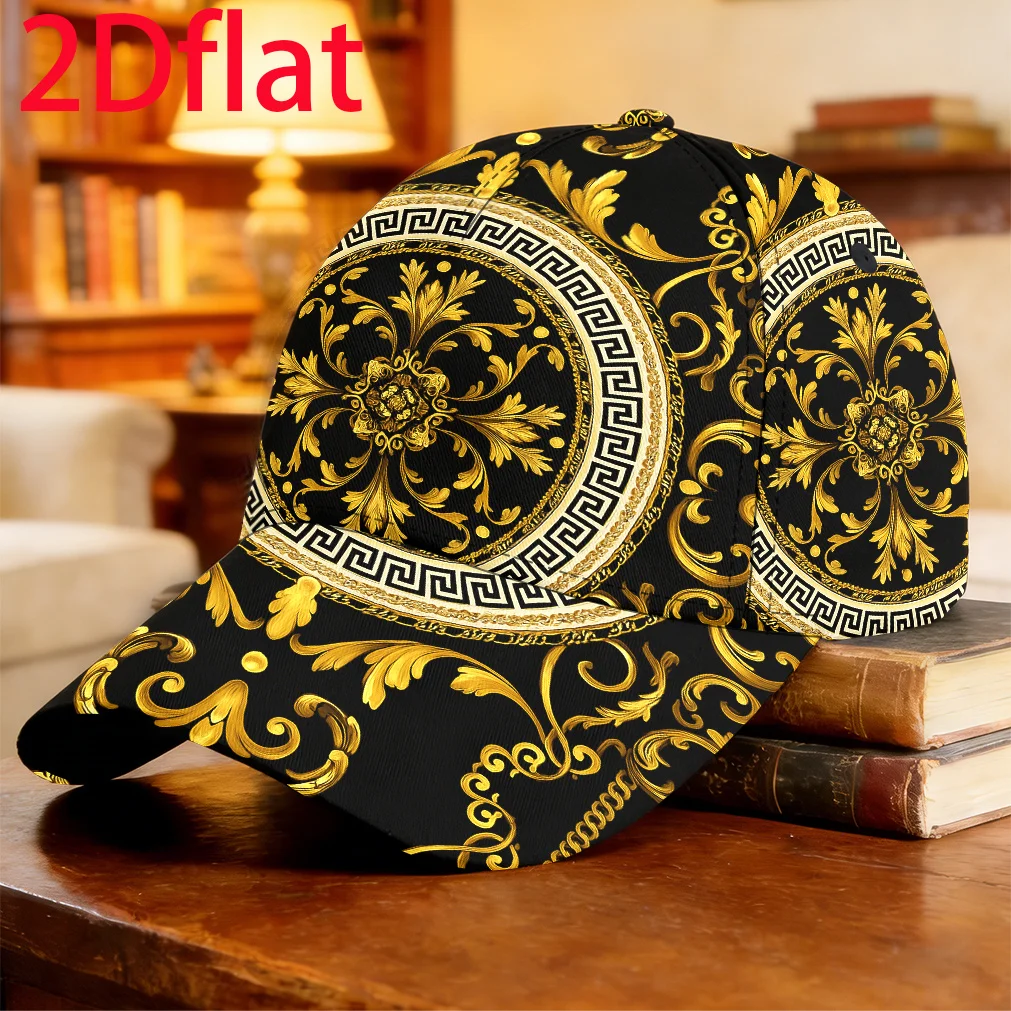 Black Golden Baroque Luxury Pattern Baseball Cap Fishing Vacation Hip Hop Cap Camping One Size Fits Most Cute Running Gift