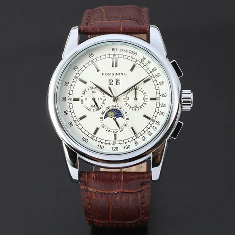 Fashion Forsining Top Brand Six Needle Calendar Lunar Phase Automatic Mechanical Leather Man Advanced Gifts Wrist Watches