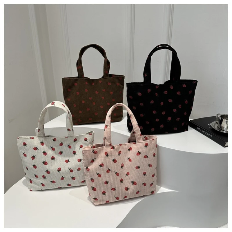 

Strawberry Print Shoulder Bag for Women New Fashionable Corduroy Large Capacity Shopping Bag Solid Color Handbags Tote Bags