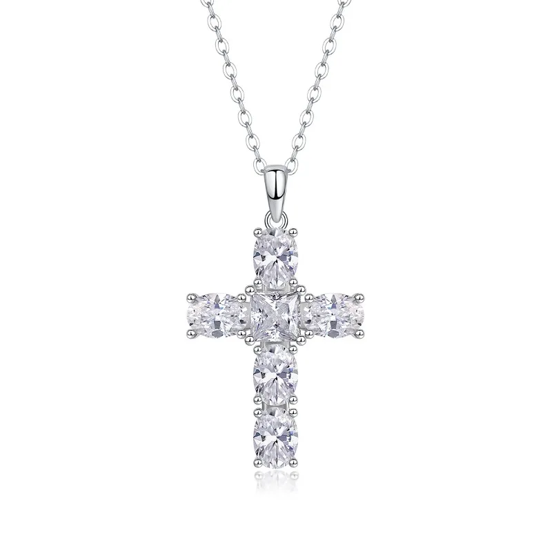 

S925 Silver Princess Cut Moissanite Cross Pendant Necklace for Women Fine Jewelry Platinum Plated Religiou Necklaces Pass Tester