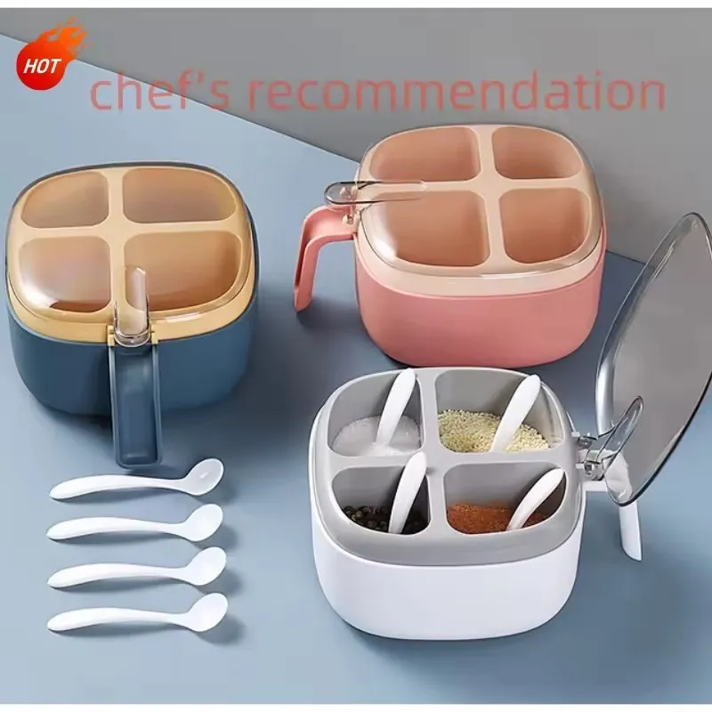 

Multi Functional Four Grid Integrated Transparent Condiment Box Detachable Condiment Storage Tank Dust-Proof Kitchen Supplies