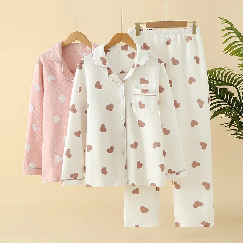 

Autumn / Winter Cotton Loungewear Lapels Cute Simple Long Sleeves and Trousers Pajamas Women's Thermal Sandwich Fabric Sleepwear