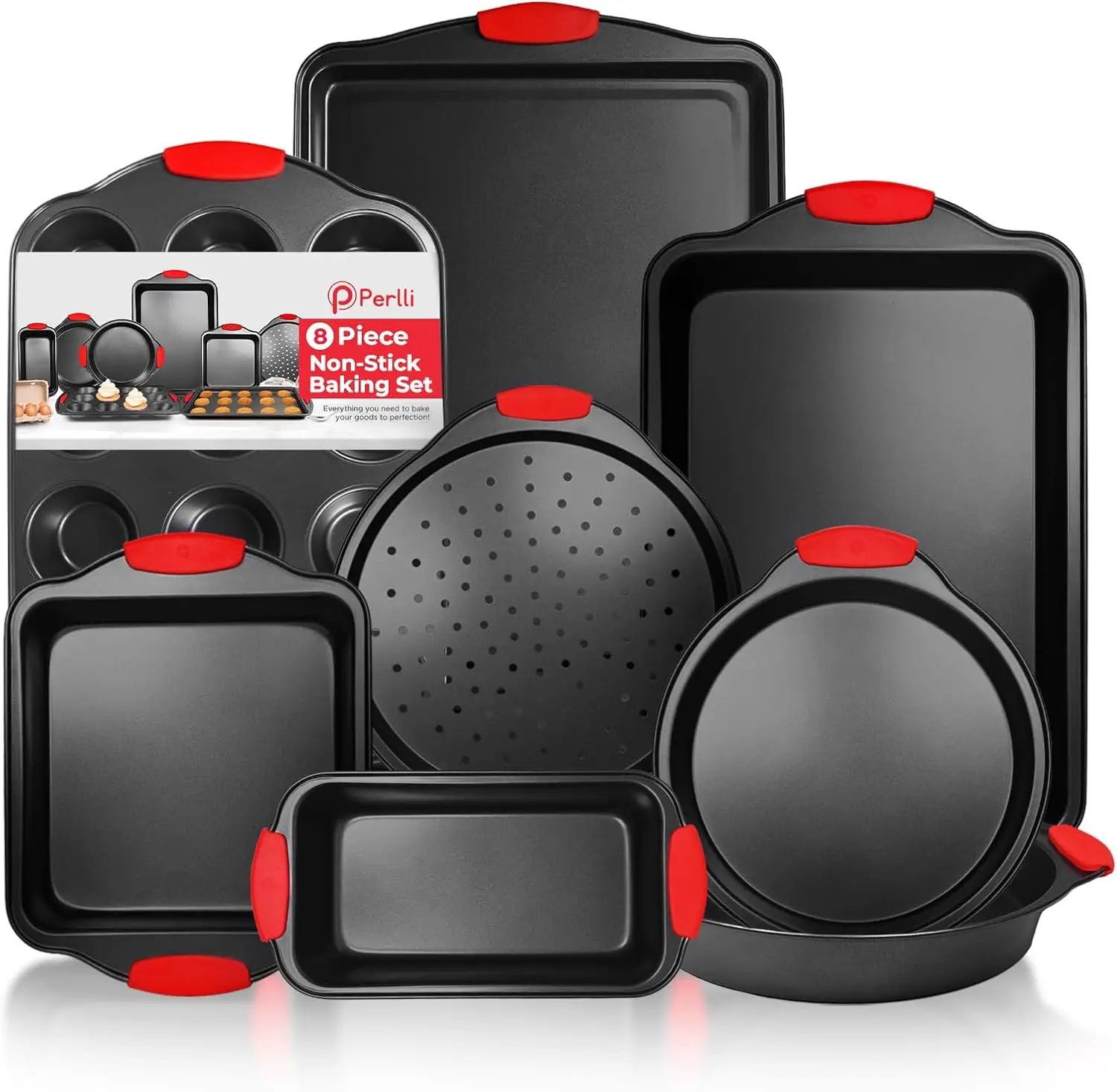 

Non-Stick 8-Piece Baking Pan Set, BPA-Free Carbon Steel Bakeware Set with Silicone Handles, Stackable