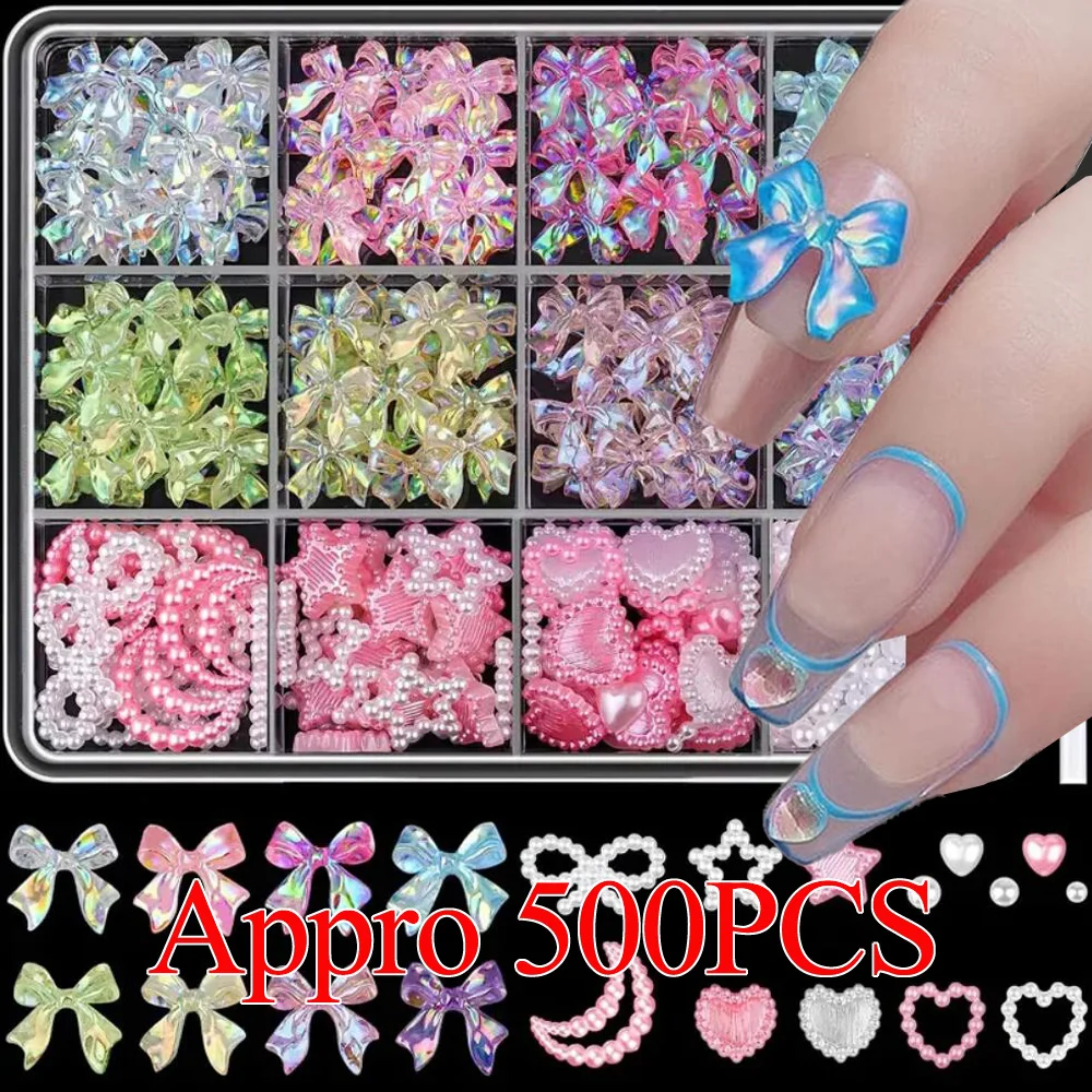 

500+pcs Mixed Pack Aurora Bowknot Nail Charms 3d Pearl Resin Heart Bow Nail Art Decor Kawaii Rhinestone Jewelry DIY Nail Parts*#