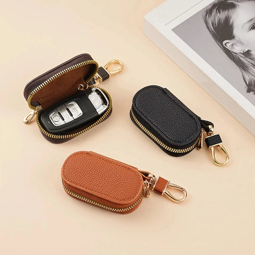PU Leather Key Wallet Lychee Pattern Zipper Closure Keychain Key Holder Bag Compact Size Solid Color Key Organizer Pouch