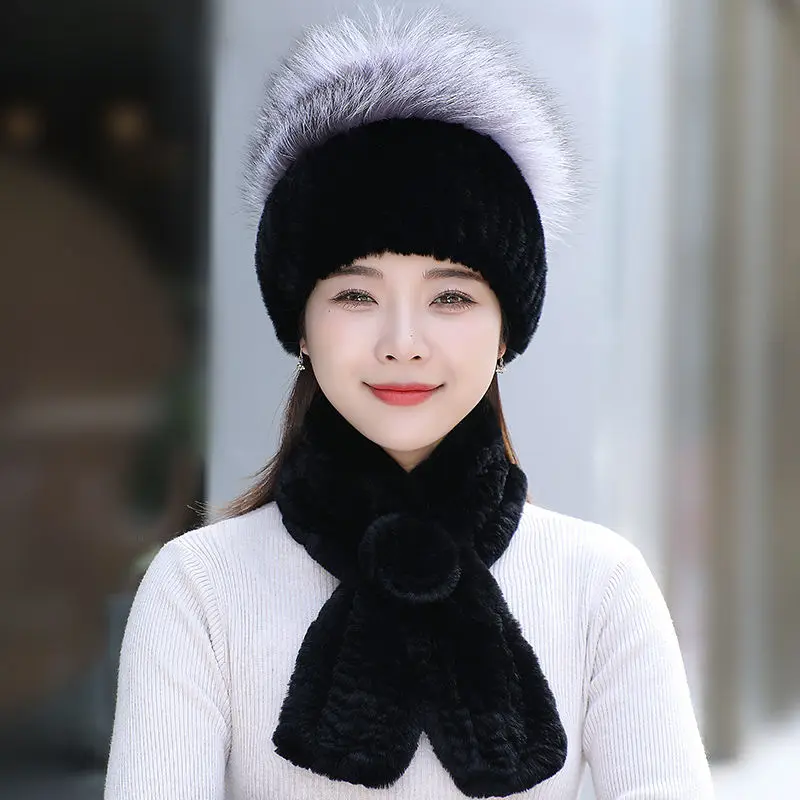 النساء شتاء دافئ فاخر 100% حقيقية الثعلب الفراء قبعة ريكس الأرنب الفراء والأوشحة محبوك جودة الفراء القبعات ريكس الأرنب الفراء قبعة أطقم أربطة من فراء #5