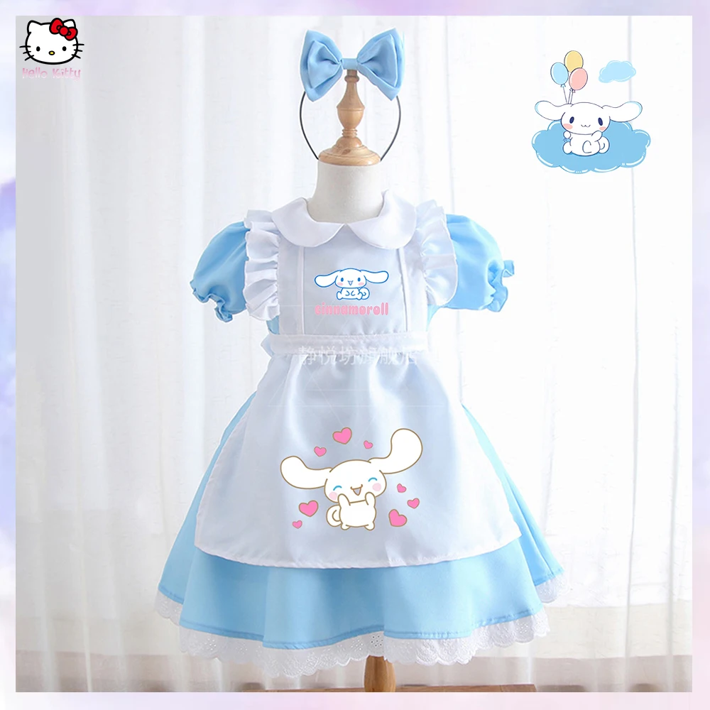 Kids Girls Dress Sanrios Cinnamoroll Anime Blue Party Dress Kawaii Summer New Child Maid Lolita Cosplay Costume Birthday Gift