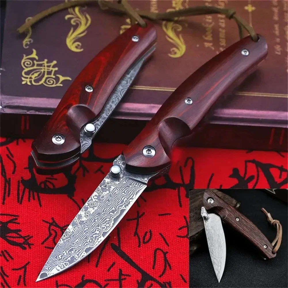 VG10 Damascus Steel Knife Hot Selling Folding Blade Pocket Knife Red Wood Handle Fishing Knives Self Defense EDC Utility Knife