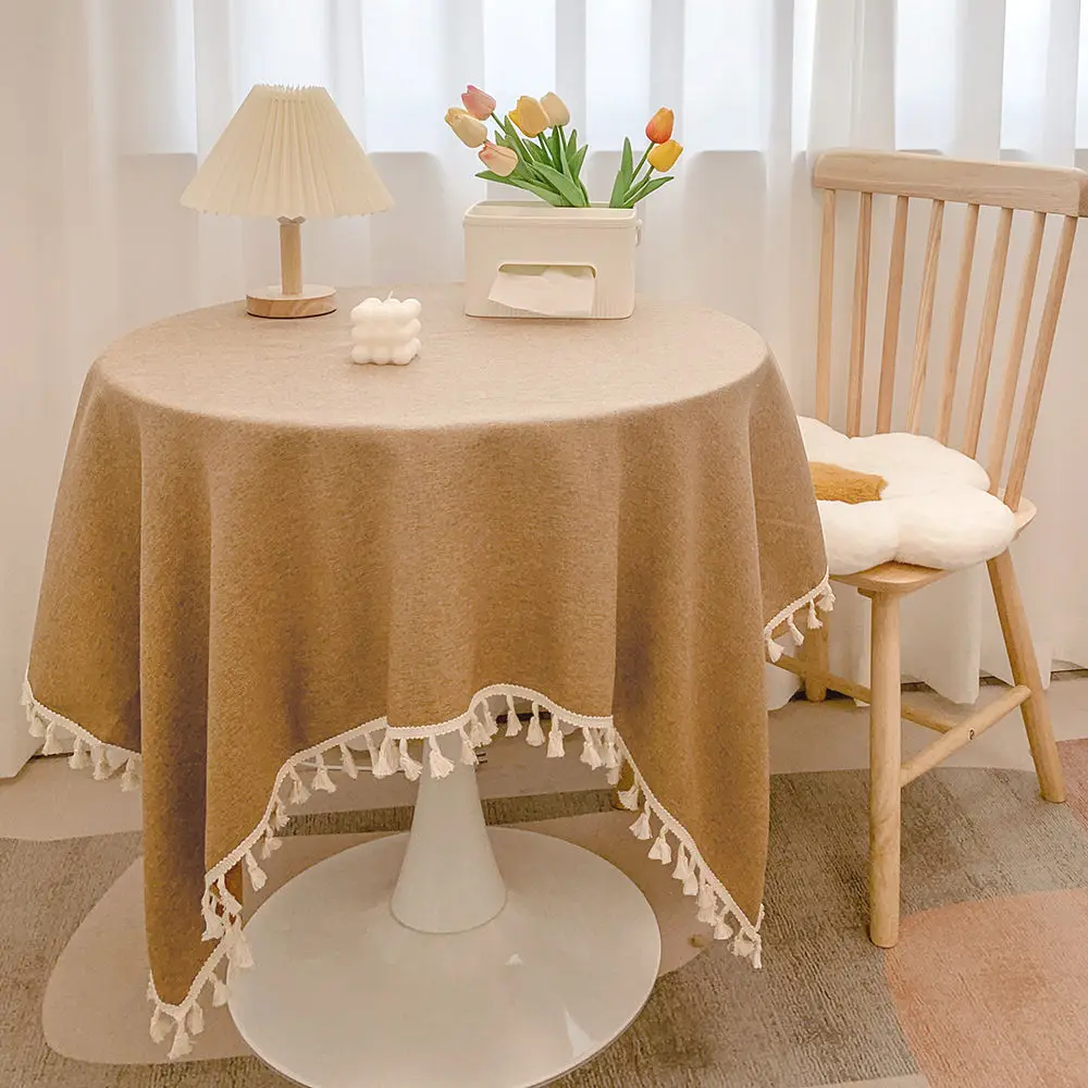 

Tassel cotton linen tablecloth desk decoration cloth round tablecloth tea table dining table tablecloth tea table cloth art