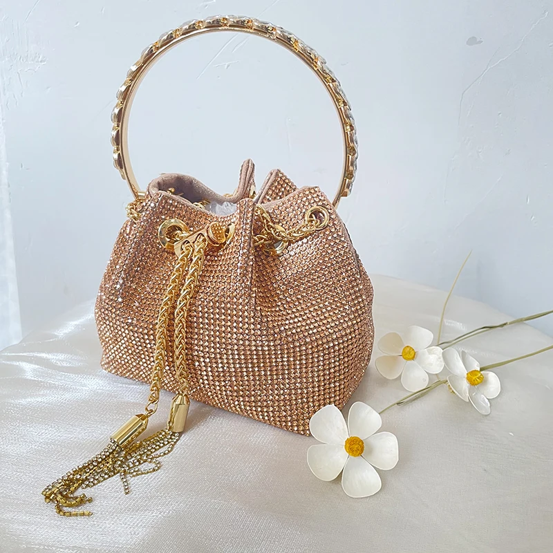 Woman Bucket Champagne Crossbody Metal Chain Bag Ladies Rose Gold Rhinestone Messenger Evening Bag Chic