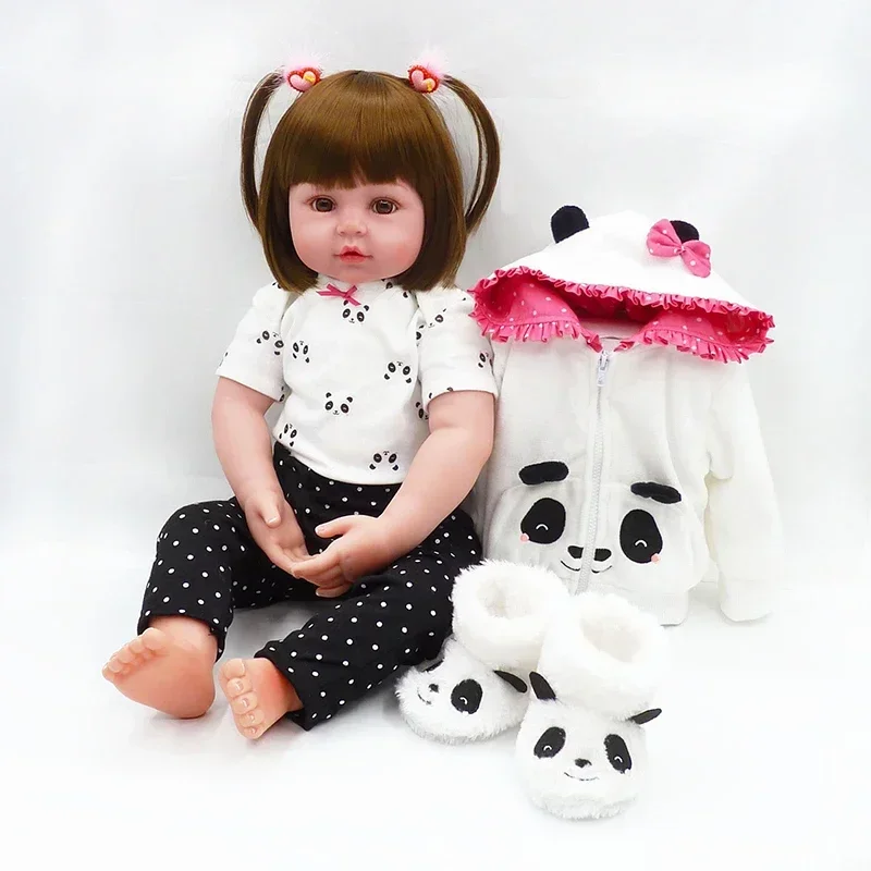 

48CM Children Reborn Baby Doll Toy Soft Silicone Cute Panda Cloth Body Short Hair Sleeping Baby Doll Toddler Kids Pretend Play