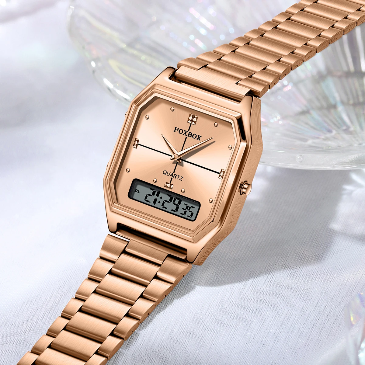 Foxbox Luxury Mens Style Watches Stainless Steel Women LED Digital Dual Display Clock Unisex Waterproof Sport Quartz Women Watch