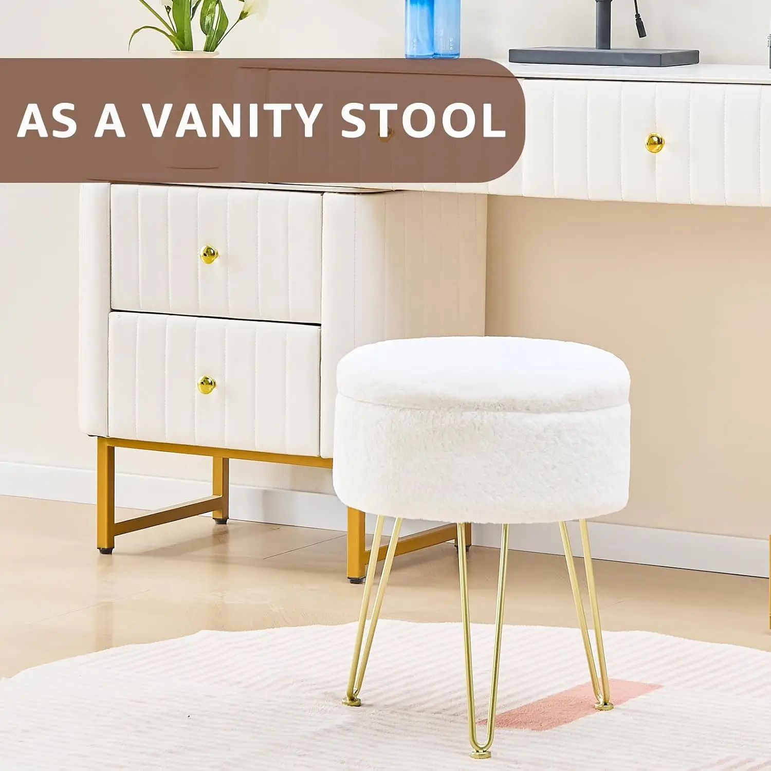 

Cplxroc Vanity Stool Chair Faux Fur With Storage, Ottoman 3 Metal Legs With Anti-Slip Feet, Furry Padded Seat, Modern