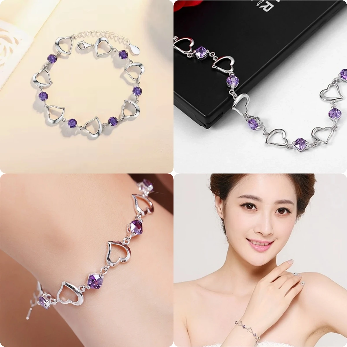 Luxury 925 Sterling Silver Elegant Purple crystal Lucky Clover Bracelets for women fashion party wedding Jewelry Length 17CM+4CM