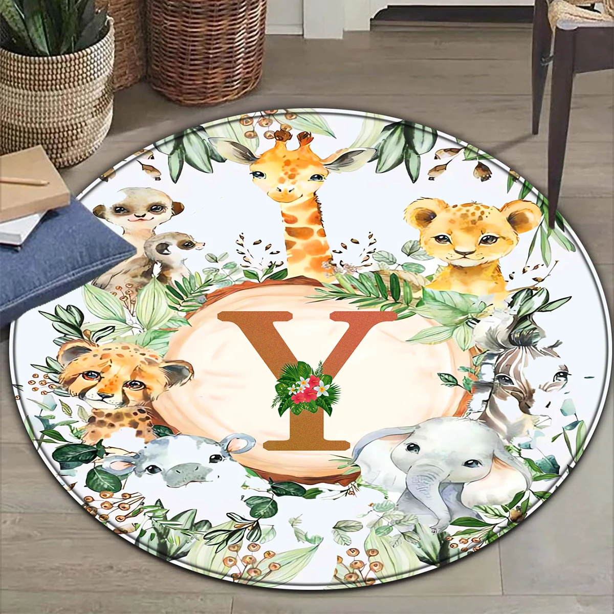 

Custom Alphabet Round Rug, Tropical Jungle Nursery Mat, Baby Safari Animals Carpet, Baby Room Decor, Baby Shower Gift