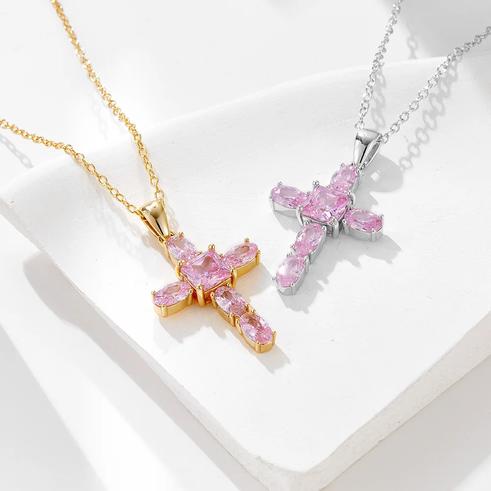 

Korean Style S925 Sterling Silver Necklace for Women, Pink Zircon Cross, Niche Elegant Versatile Collarbone Chain