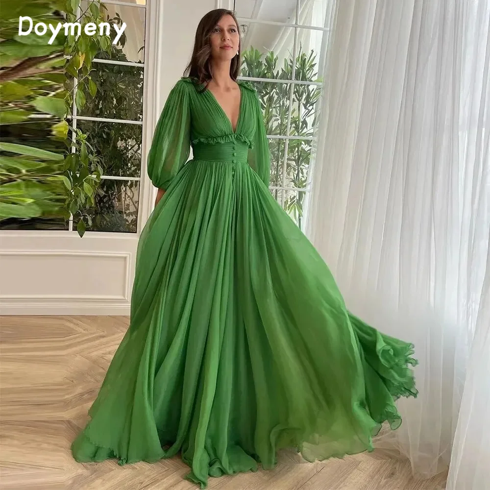 Doymeny Chiffon V-Neck Long Sleeves Prom Dresses Pleat Ruched Floor Length A-Line Evening Gowns Party Dress Robes De Soirée