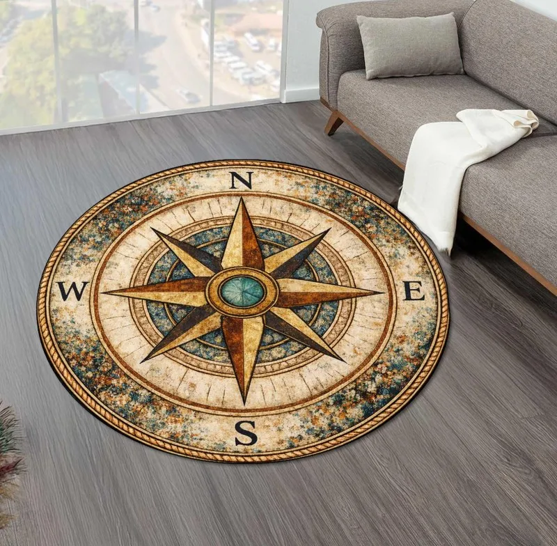Floral Compass Round Area Rug Pattern Carpet Boho Botanical Theme Home Decor Floor Cover Living Room Bedroom Lounge Accent