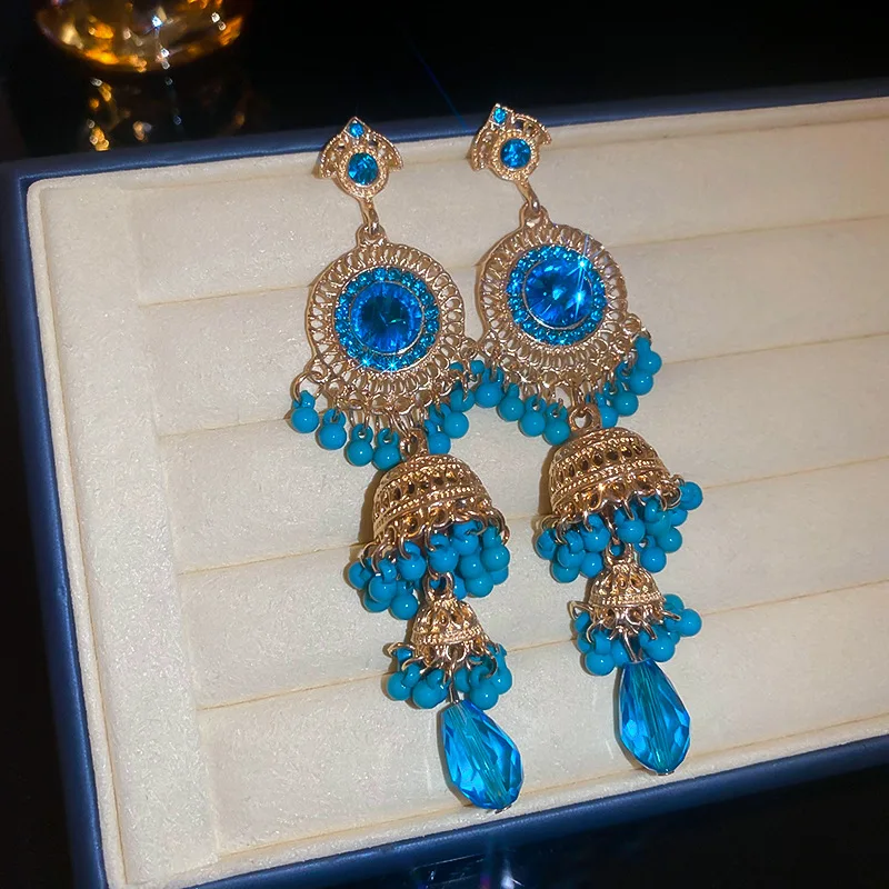 Women's Vintage Blue Water Drop Crystal Clip Earrings