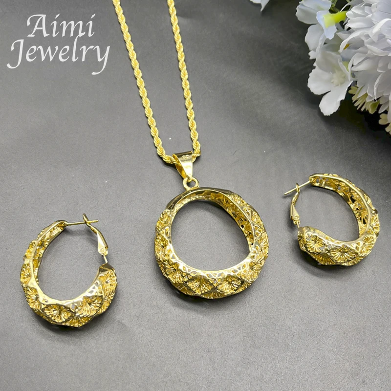 Hollow Round Vintage 18K Gold Plated Jewelry Set Fashion Original Earrings Necklace Pendant Party Dubai Bridal Wedding Gifts