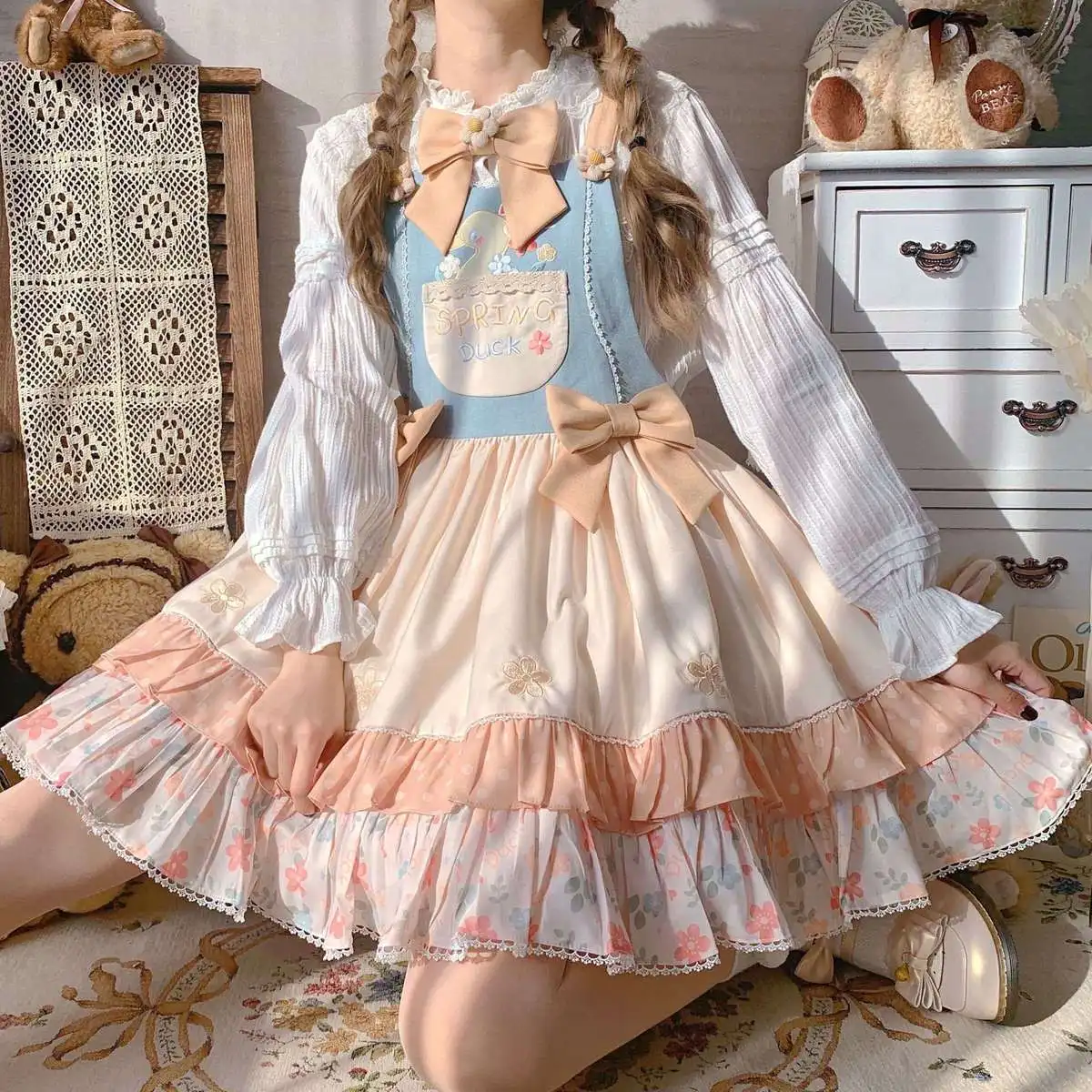 Japan Sweet Lolita Jsk Dress Party Duck Montage Cartoon Cute Print Strap Dress Summer Girl Kawaii Party Strap Dress 2024 New