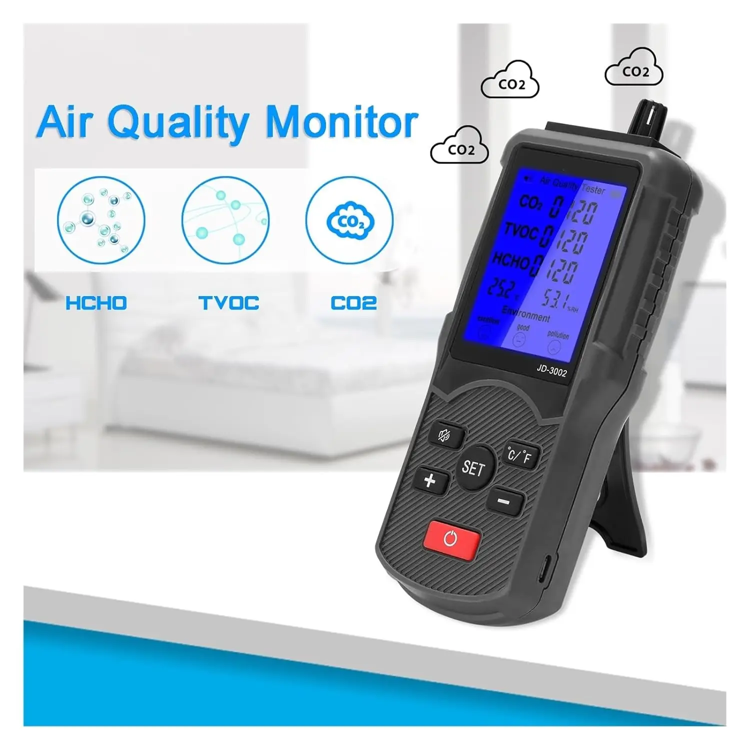 

Air Quality Monitor,JD-3002 Air Quality Tester Multifunctional CO2 TVOC Meter Temperature Humidity Measuring Device CO2 Detector