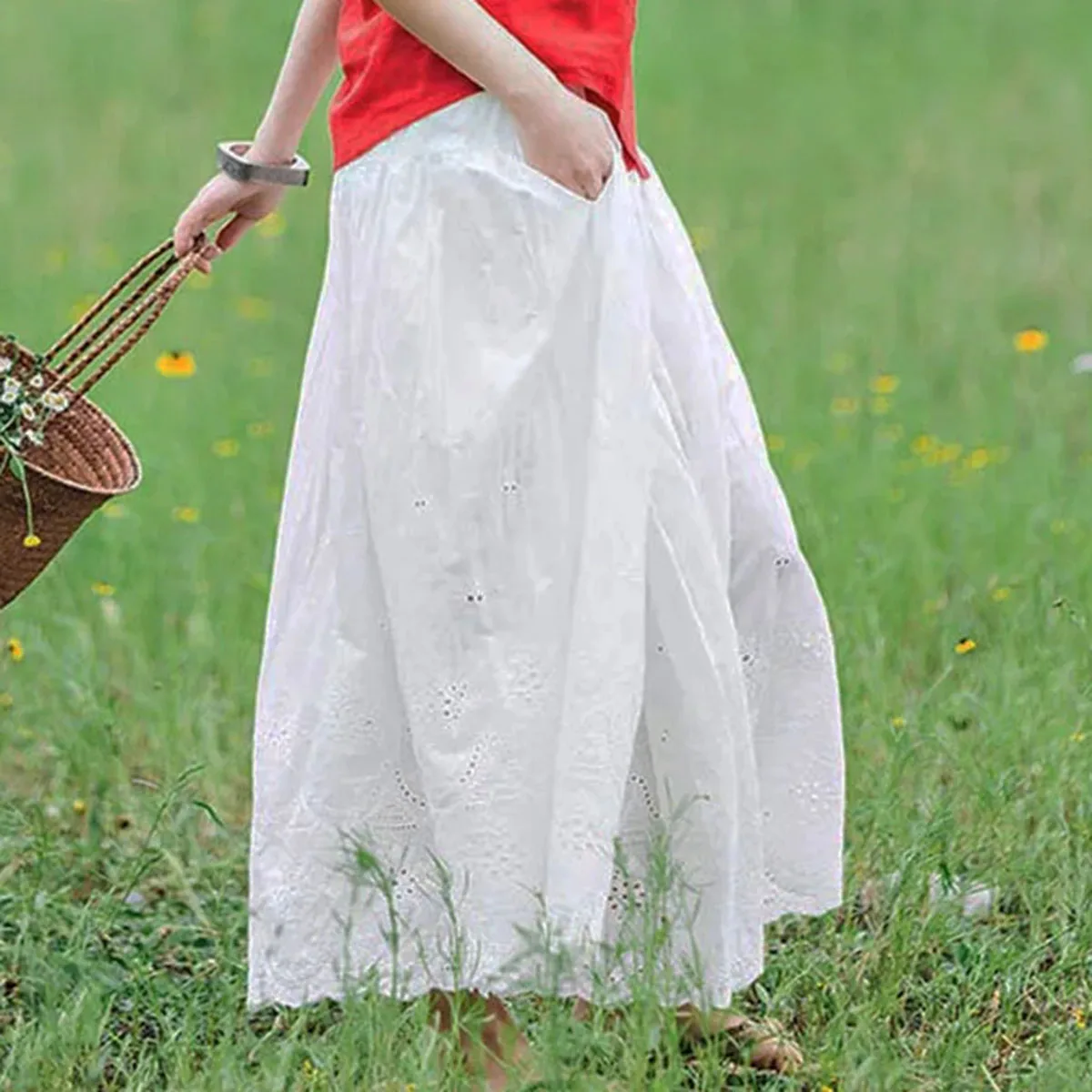 الأدبية الصيف القطن تنورة عالية الخصر المرأة مرونة الخصر فارغة Cutwork الدانتيل في طويل الأبيض الجنية الصغيرة الطازجة نصف تنورة #3