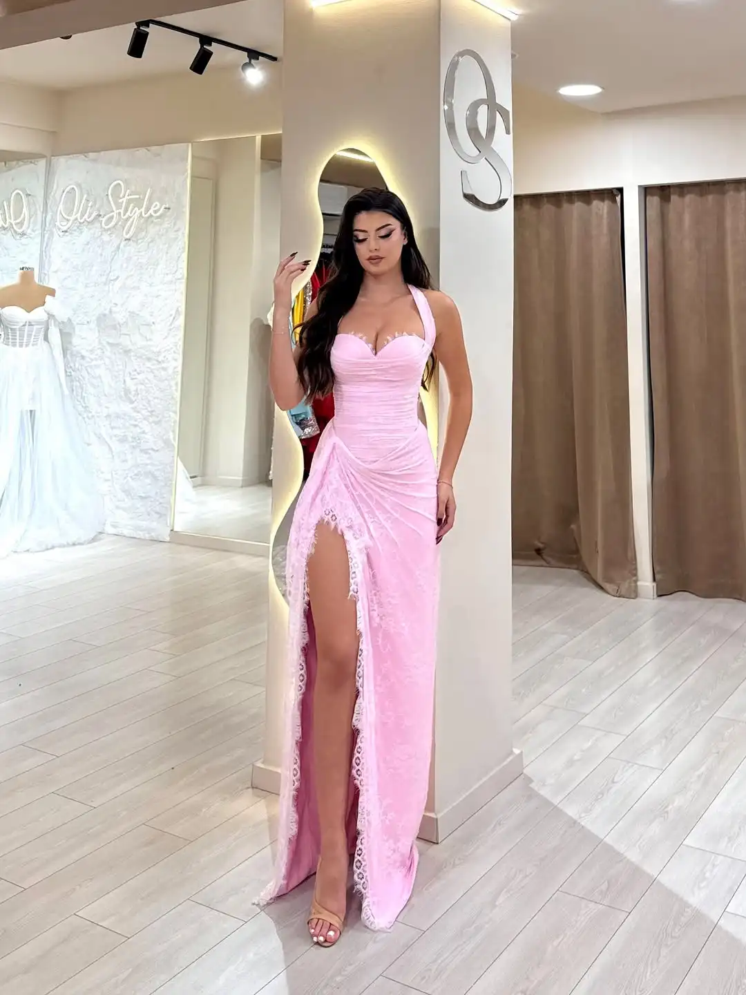 

New Design Sexy Halter Sweetheart High Slit Evening Mermaid Dress Lace Pleated Slim Prom Formal Party Dress