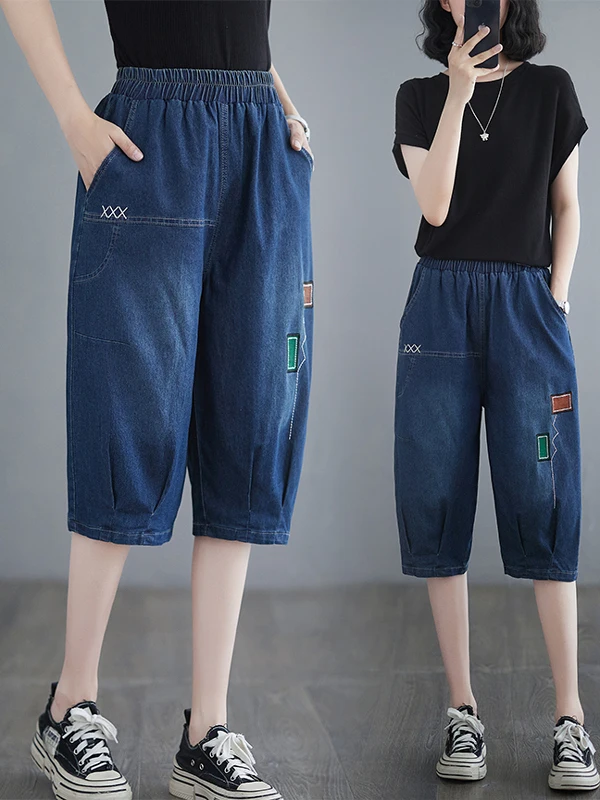 

Эластичные джинсовые штаны-шаровары женские летние тонкие, с высокой талией, синие, длиной до колена, модные джинсы