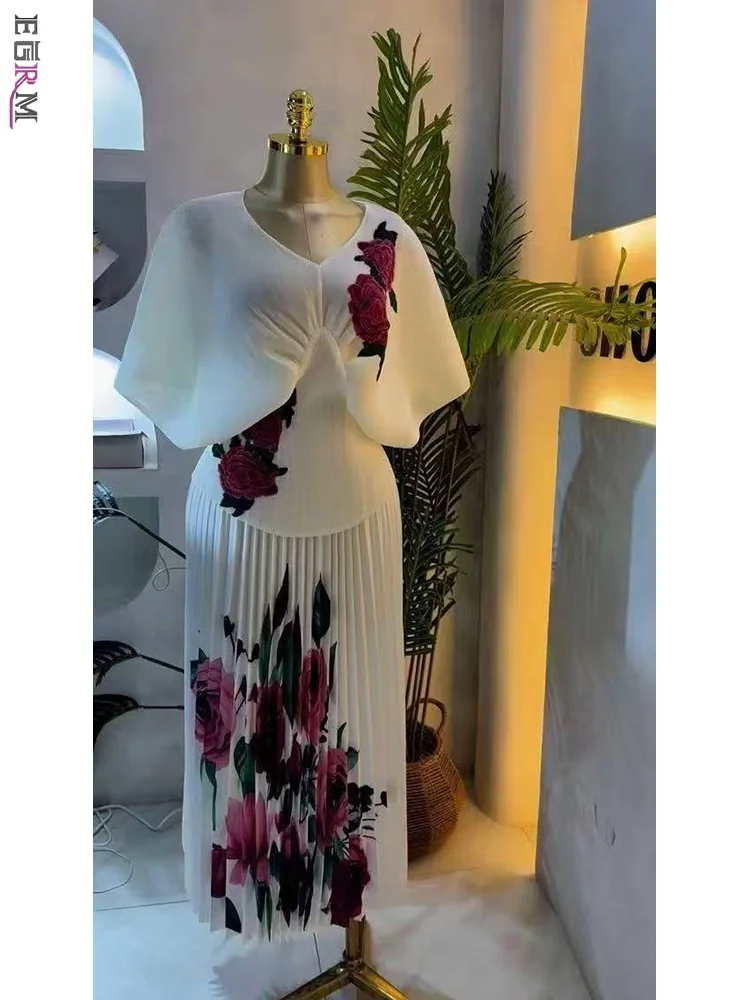 EGRM V-neck Short Sleeves Pleated 2 Pieces Set Women's Printed High Waist Slim Elegant Evening Dresses Sets 2025 New Folds Skirt