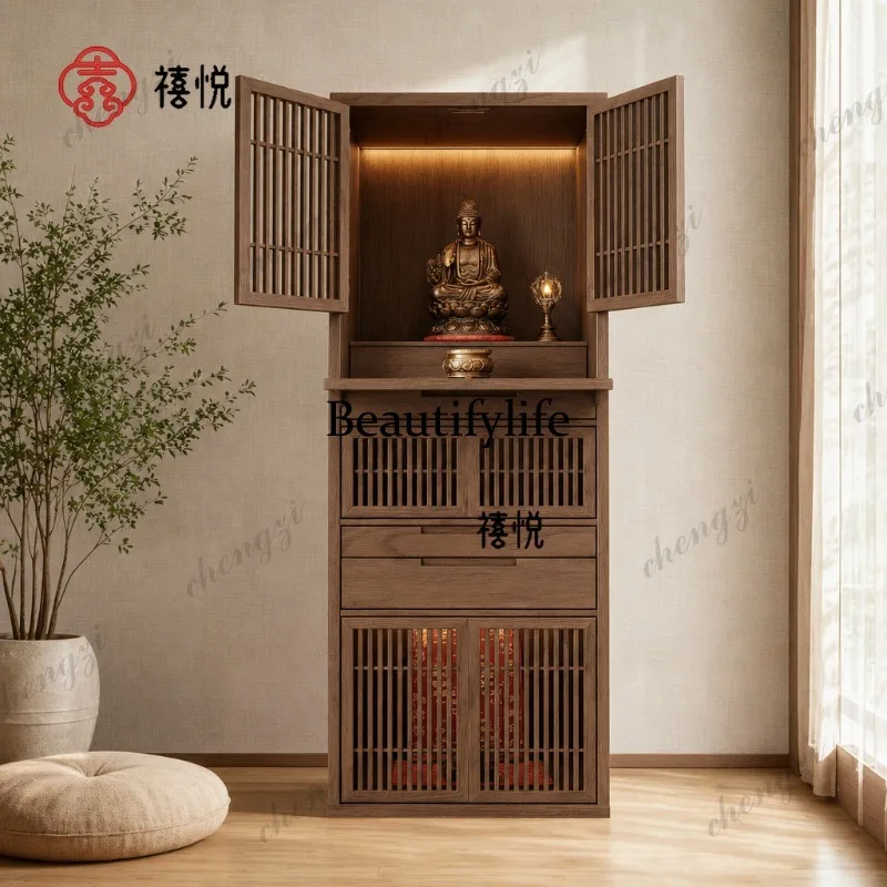 New Chinese-style altar serving table ash wood household solid wood double-layer vertical cabinet Buddhist altar worshiping