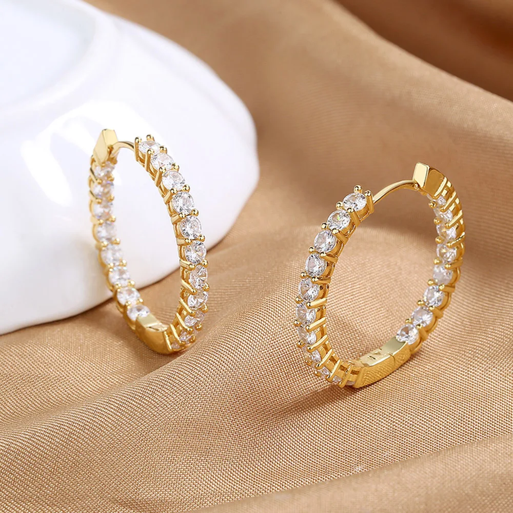 3CM Hoop Earring Pave 3MM Natural Turquoise Stone/CZ White Gold/18K Gold Plating Hoop Earrings Silver 925 Turquoise