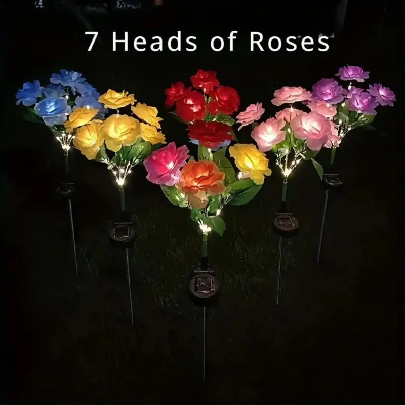 1 Bundle 7-Head Color Solar Rose Simulation Garden Light, LED Ground Inserted Atmosphere Decoration Light for Pathway Patio Gard