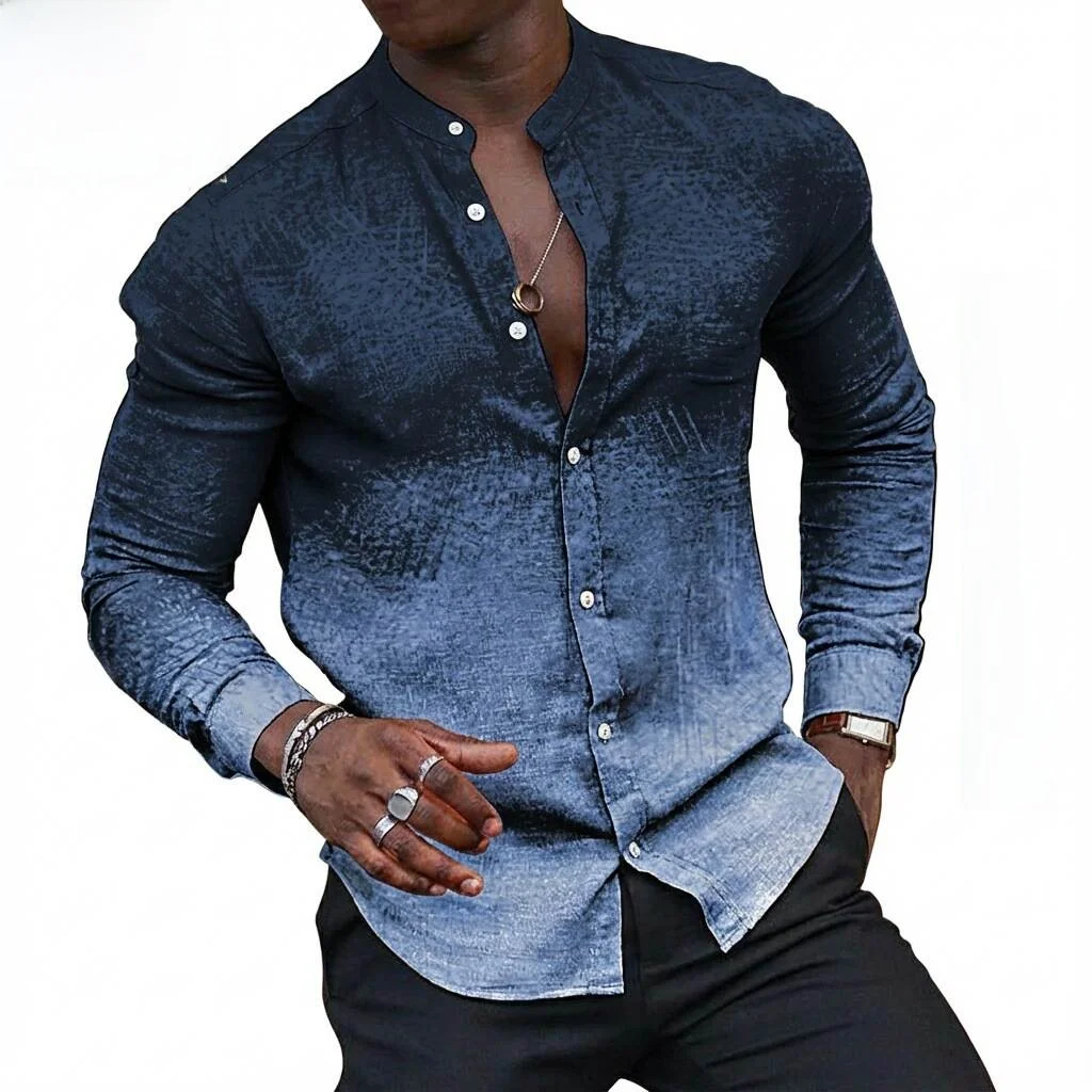 Men's Casual Long Sleeve Stand Collar Gradient Shirt Spring Autumn Wish Comfortable Durable Printed PU Leather Shirt