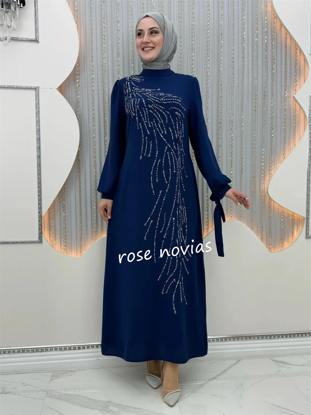 Customized Jersey Sequined High Collar A-line Midi Dresses Bespoke Occasion Classic Retro Sizes Available Evening فساتين الحفلات