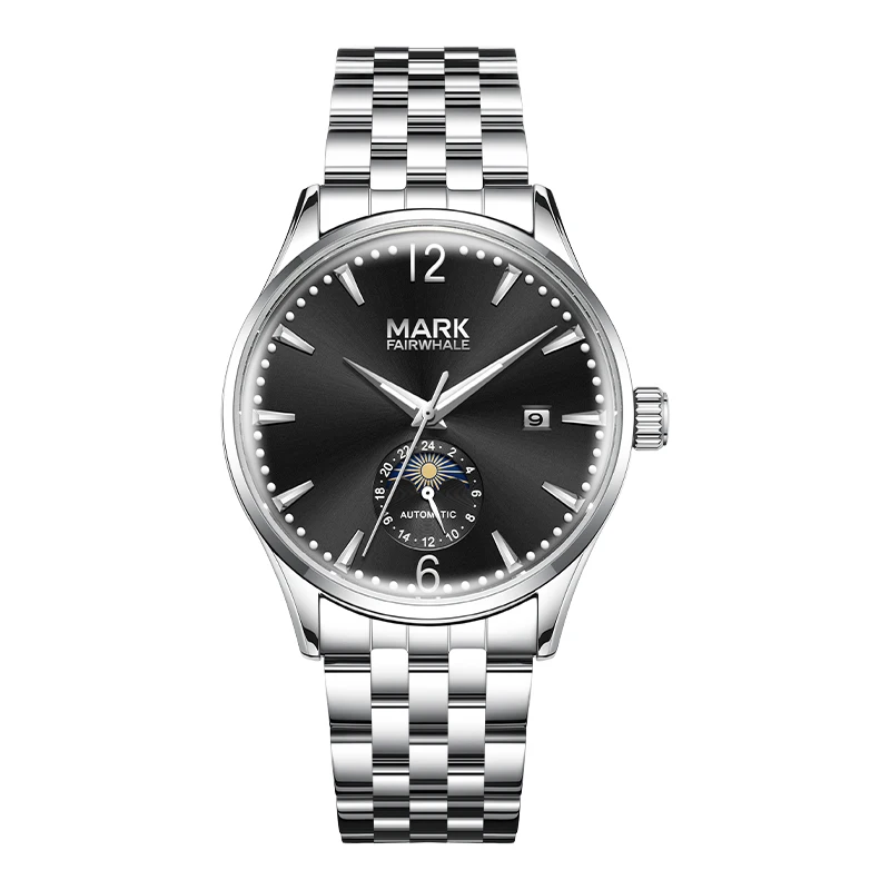 MARK FAIRWHALE FW-6064 Men Mechanical Watch Classic Round Dial Sun Moon Phase Pattern Automatic Movement Wristwatch