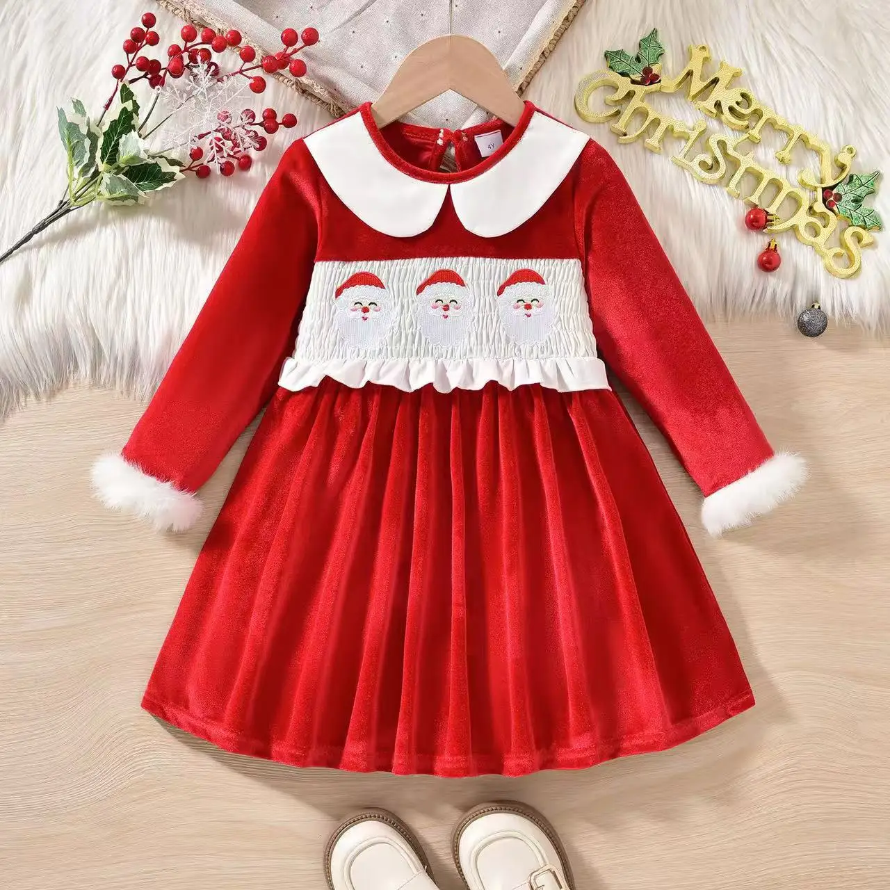 

2026 New Girls' Christmas Party Dress Embroidered Patchwork Gold-Studded Velvet Dress 12M-5Y