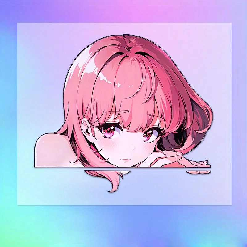 Cute Anime Girl Peeking Vinyl Sticker, Waterproof Scratch Cover Decal for Car Windows & Trunk view 3