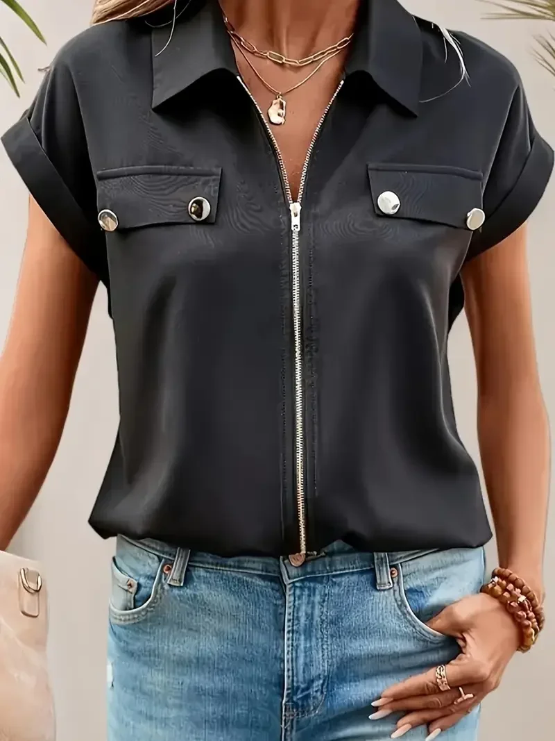 Ladies Casual Plus Size 1XL-5XL Short Sleeve Elegant Solid Color Shirt Women's Black Zip-Up Blouse Button Lapel  Blouse Shirt