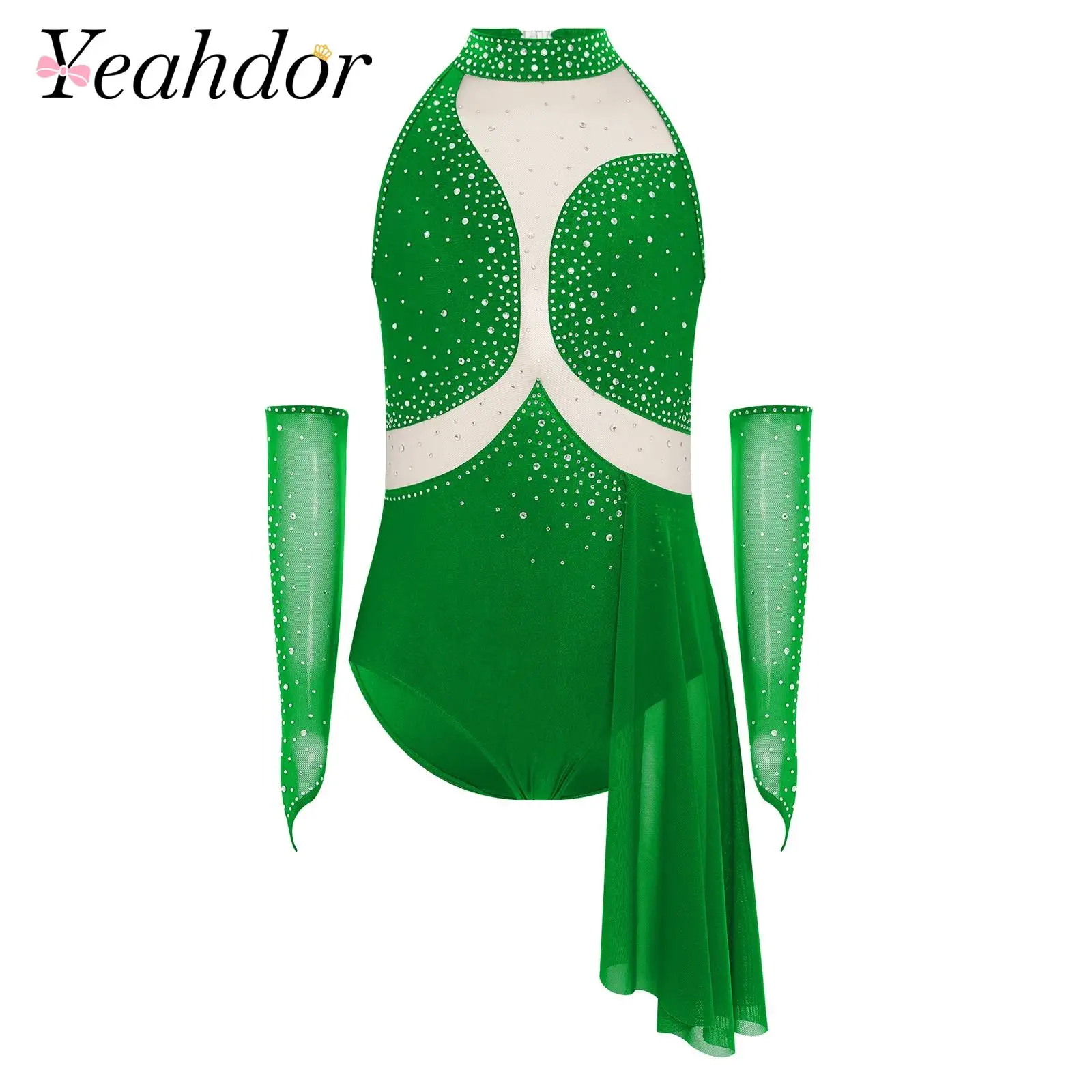 

Kids Shiny Rhinestone Gymnastics Bodysuit For Girls Lyrical Dance Figure Skating Performance Costume Skirted Leotard with Gloves