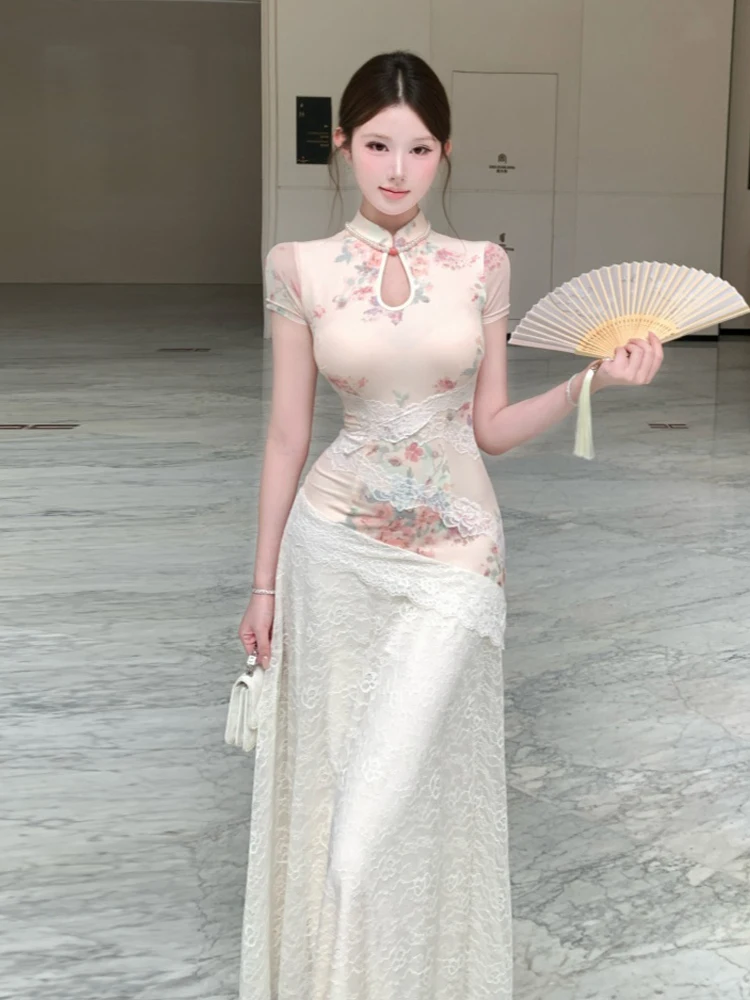 Elegant Lace Hollow out Floral Qipao Dress New Chinese Style National Fashion Button Waist Slimming Skirt Breathable Short Sl...