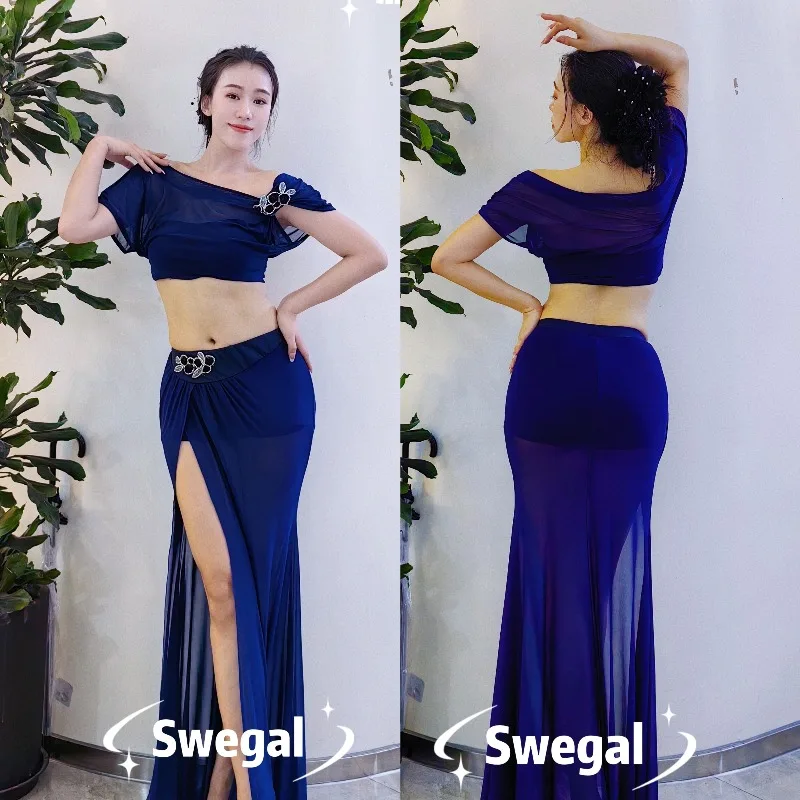 Customized SWEGAL Belly Dance Training Uniform Black and White Striped Flared Ruffle Skirt Performance Dress Double-Layer Skirt