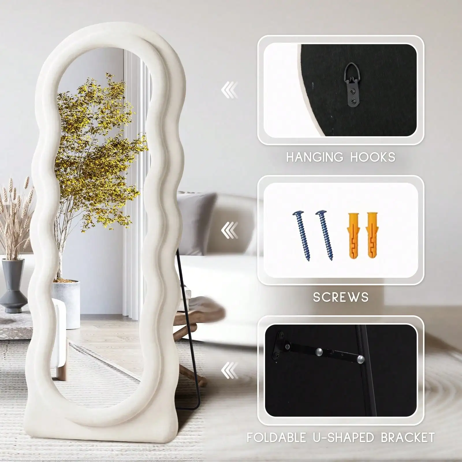 Full Length Mirror Irregular Full Body Mirror Wall Mounted Floor Mirror With Stand Pink Flannel Frame Leaning Hanging Wall Mirror For Bedroom Entrance