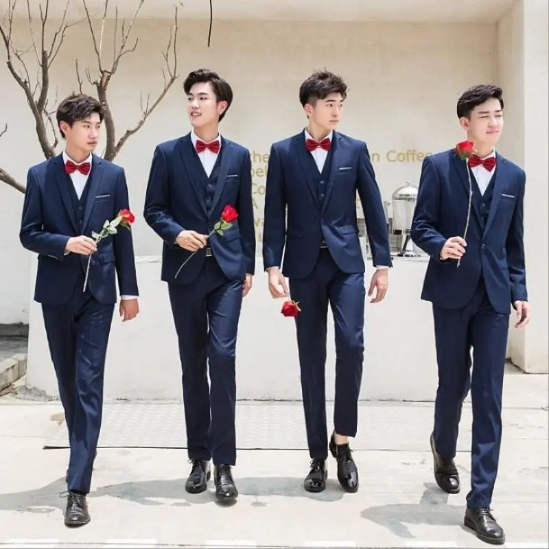 

HH332Male groom wedding groomsmen business suit Korean style black three-piece suit