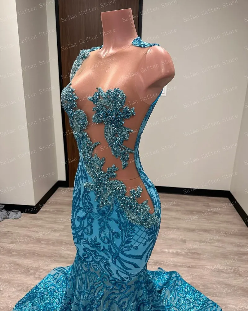 See Through Ice Blue Seuqins Beaded Mermaid Dress Crystals Printed Tassel Evening Dresses Ruffled Floor Length Prom Gown image 2