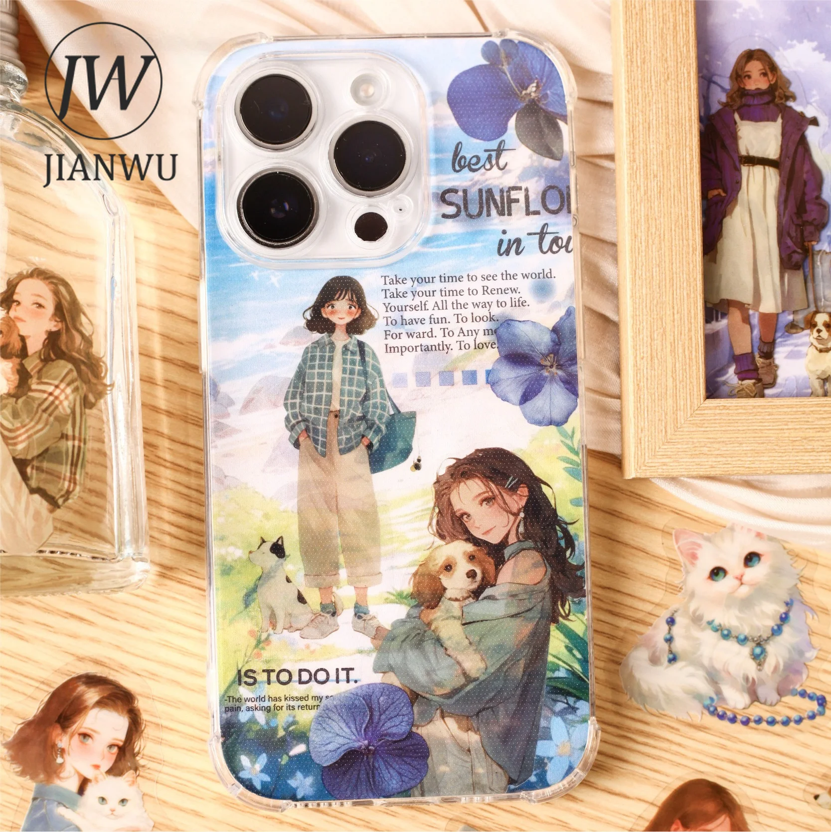 JIANWU Vintage Character Pet Cat and Dog Landscape Material Collage Scrapbooking PET Sticker Creative DIY Journal Stationery view 3