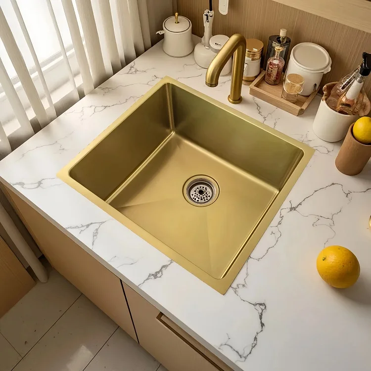 Gold Topmount Single Bowl Square Stainless Steel Kitchen Sink Without Faucet With Accessories