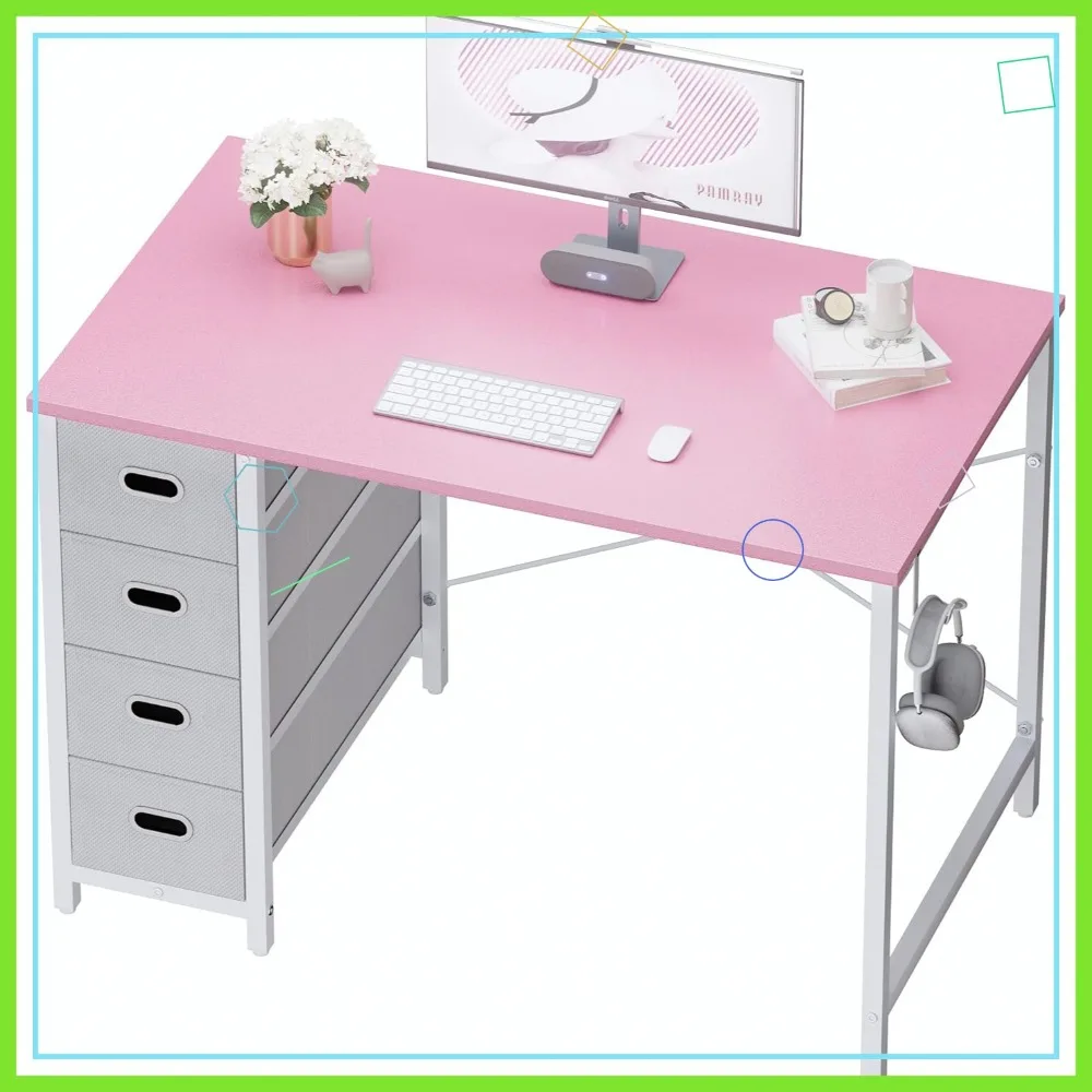 

40 Inch Computer Desk with 4 Drawers Small Office Desk for Home Bedroom Study Writing Modern Pink