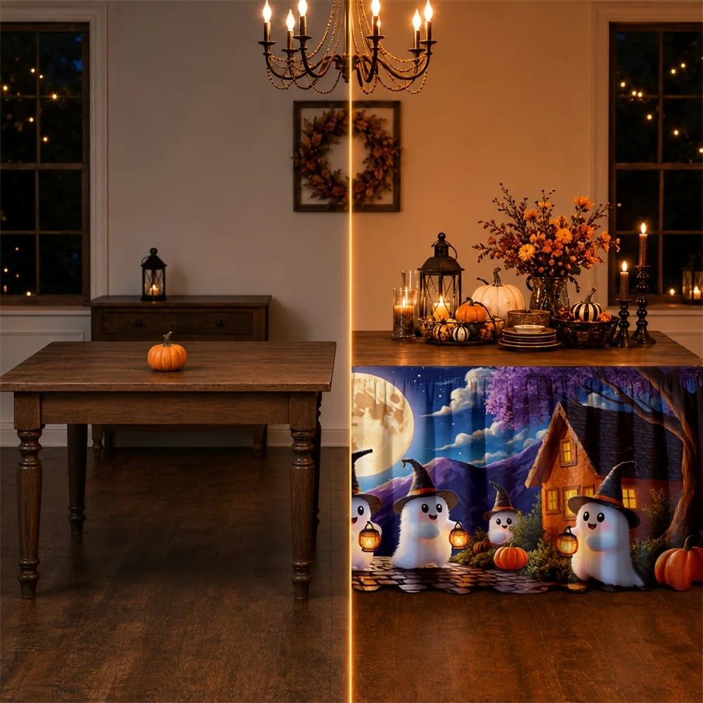 Halloween haunted village, full moon night, autumn festival, tablecloth, 1 piecezyc