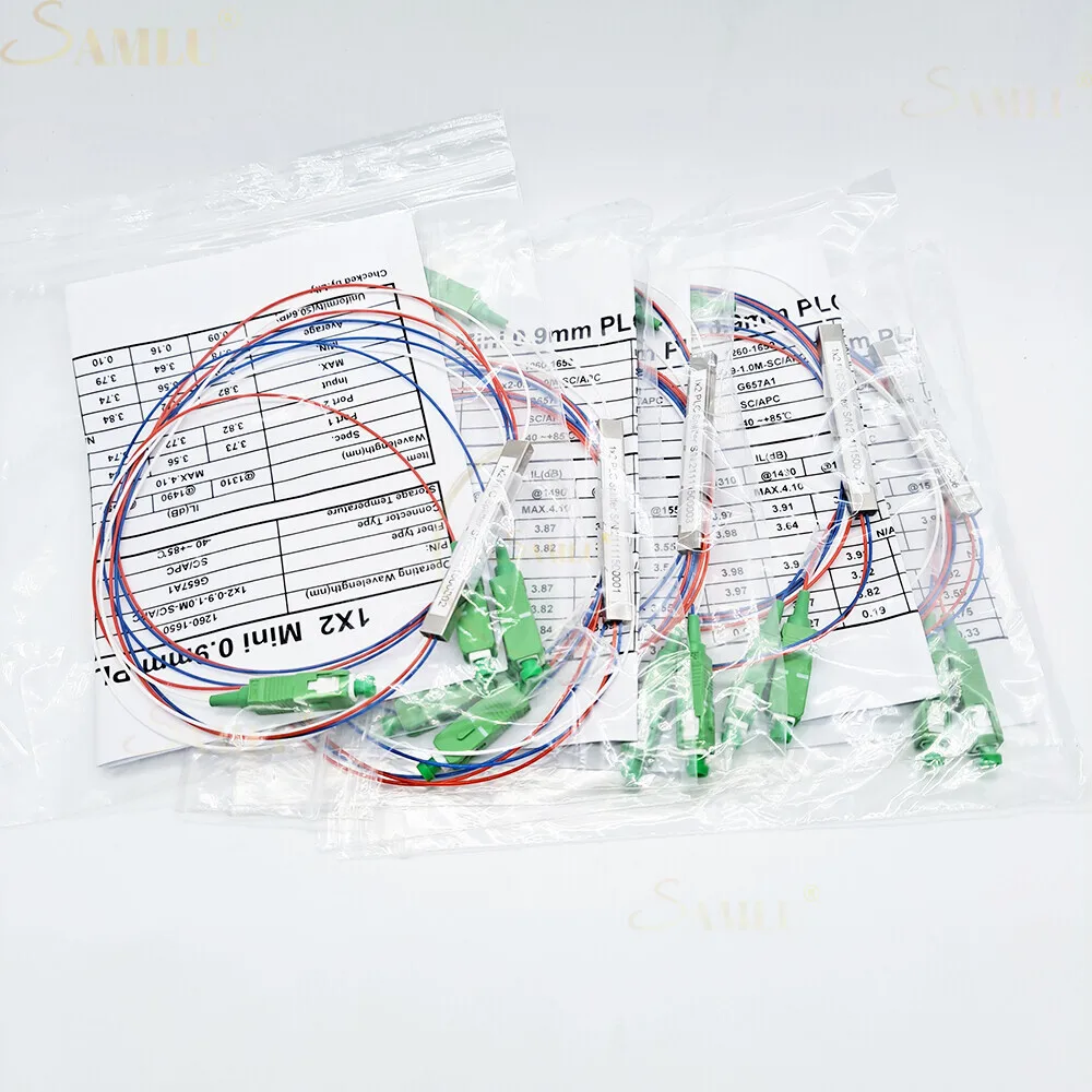 Mini divisor de fibra óptica, 1x2, 1x4, 1x8, 1x16, plc sc/apc sm, único modo, 0.9mm, tubo de aço, g657a1, lszh, 1m, ftth, 10 pcs/lot